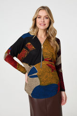Abstract Zip V-Neck Long Sleeve Relaxed Top