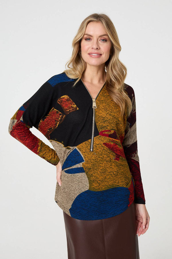Abstract Zip V-Neck Long Sleeve Relaxed Top