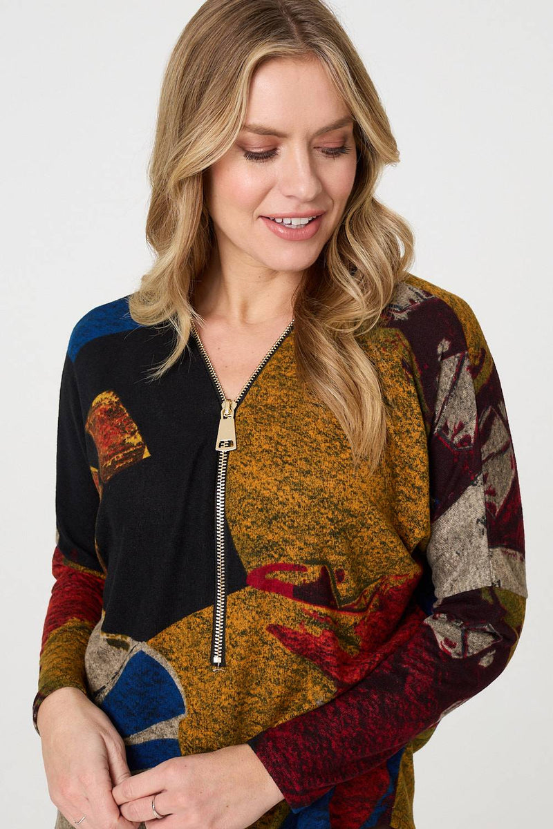 Abstract Zip V-Neck Long Sleeve Relaxed Top