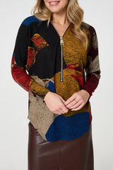 Abstract Zip V-Neck Long Sleeve Relaxed Top