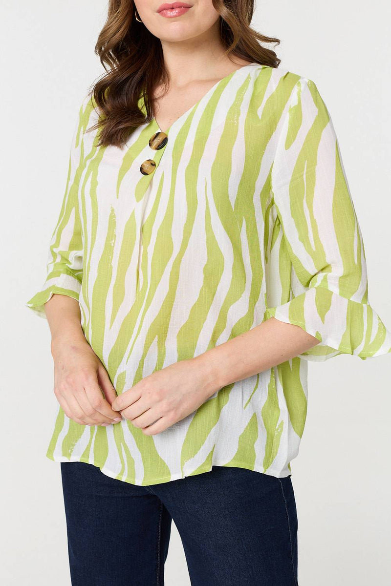 Animal Print 3/4 Flared Sleeve Blouse