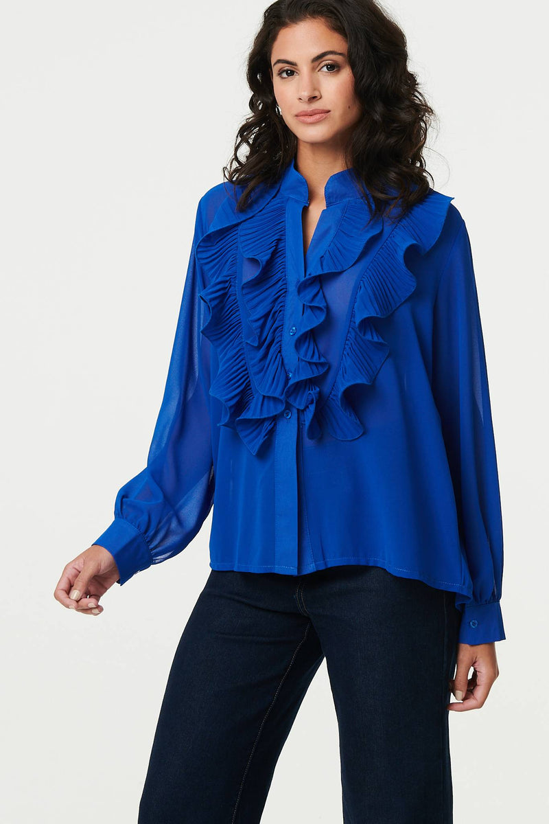 Ruffled Long Sleeve Semi Sheer Blouse