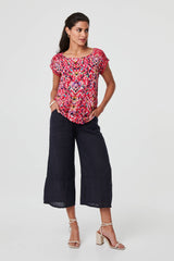 Printed Lace Trim Cap Sleeve Blouse