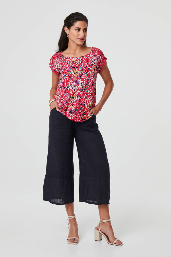 Printed Lace Trim Cap Sleeve Blouse