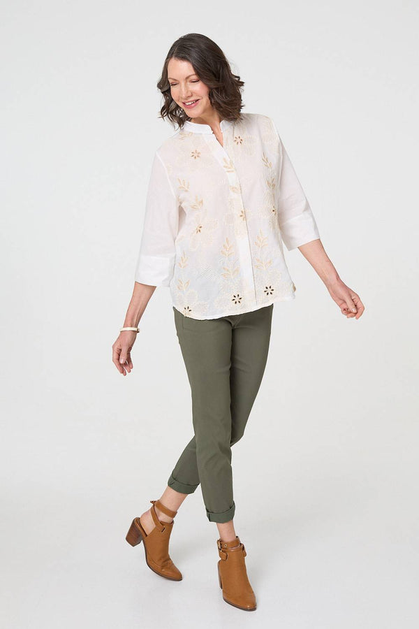 Floral Embroidered Texture V-Neck Blouse