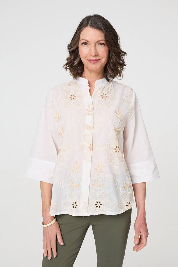 Floral Embroidered Texture V-Neck Blouse