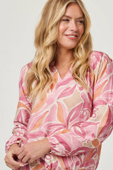 Floral Shirred 3/4 Sleeve V-Neck Blouse