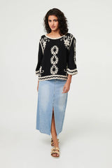 Floral Embroidered 3/4 Sleeve Blouse