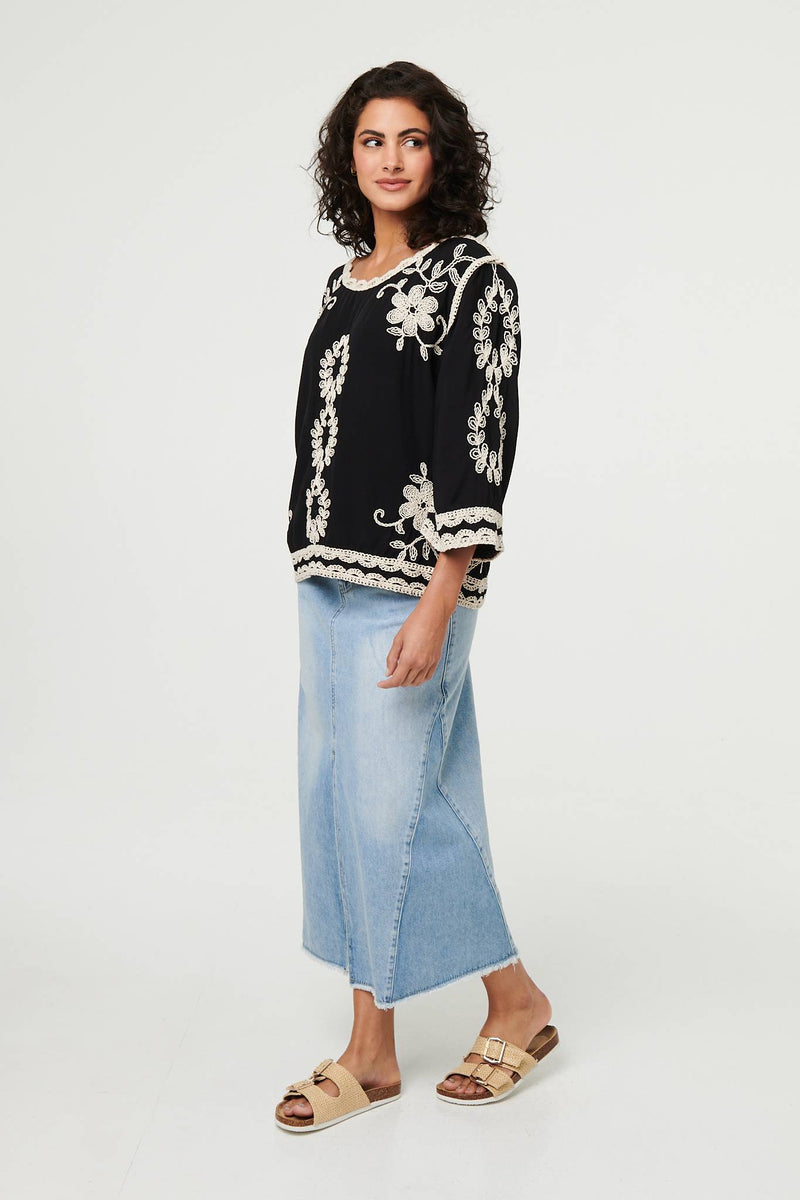 Floral Embroidered 3/4 Sleeve Blouse