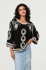 Floral Embroidered 3/4 Sleeve Blouse