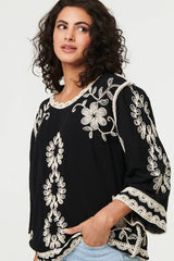 Floral Embroidered 3/4 Sleeve Blouse