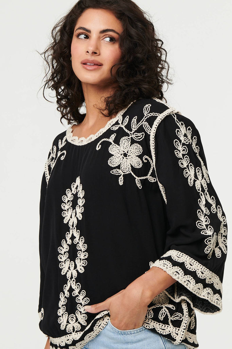 Floral Embroidered 3/4 Sleeve Blouse