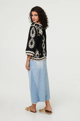 Floral Embroidered 3/4 Sleeve Blouse