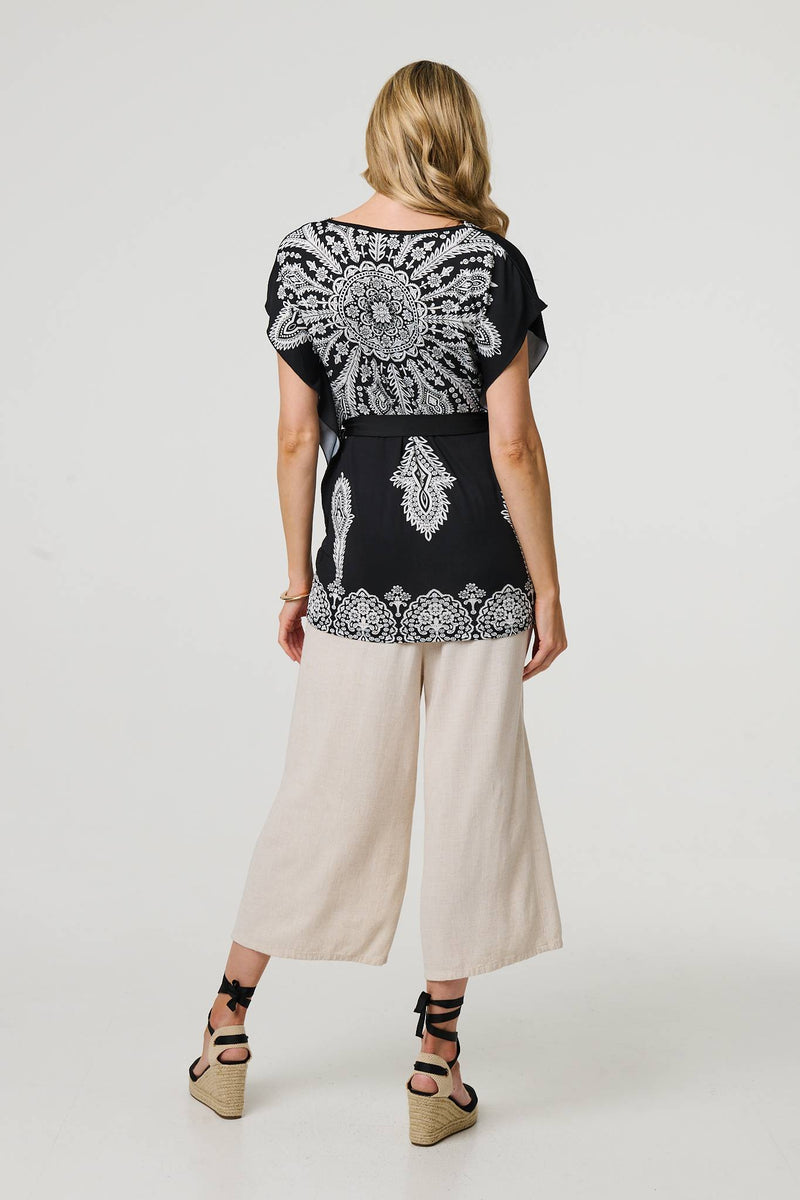 Paisley Print Tie Waist Kimono Blouse Top