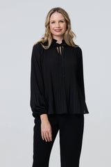 Pleated Tie Neck Long Sleeve Blouse