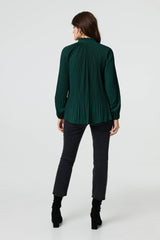 Pleated Tie Neck Long Sleeve Blouse
