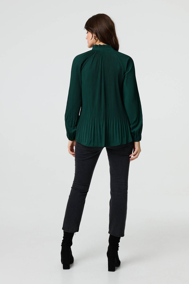 Pleated Tie Neck Long Sleeve Blouse