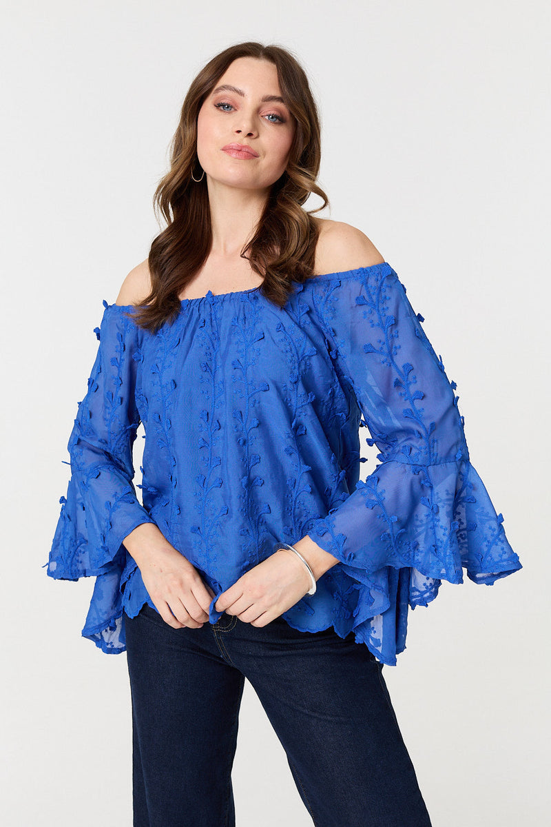 Textured Semi Sheer Bardot Blouse