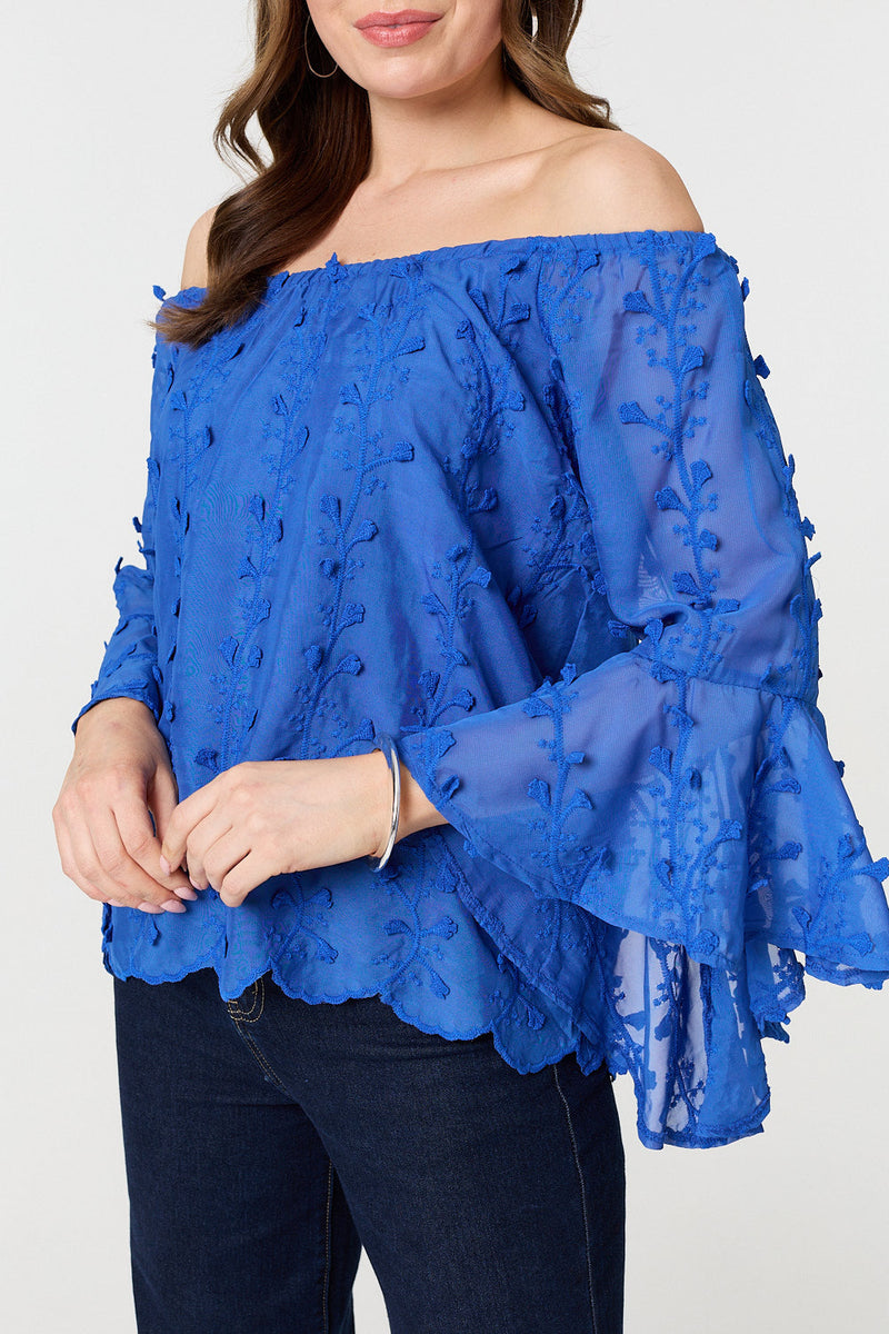 Textured Semi Sheer Bardot Blouse
