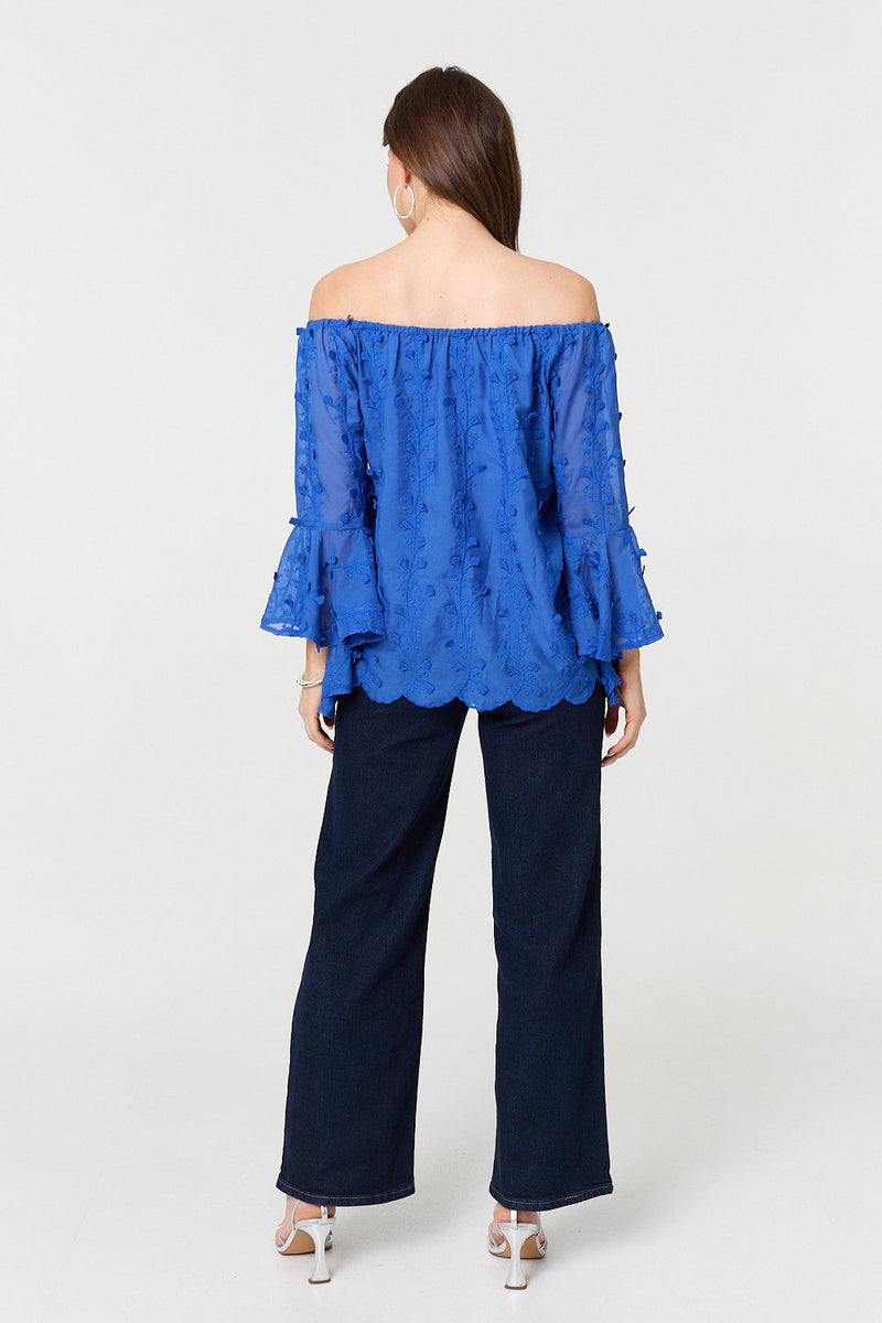 Textured Semi Sheer Bardot Blouse