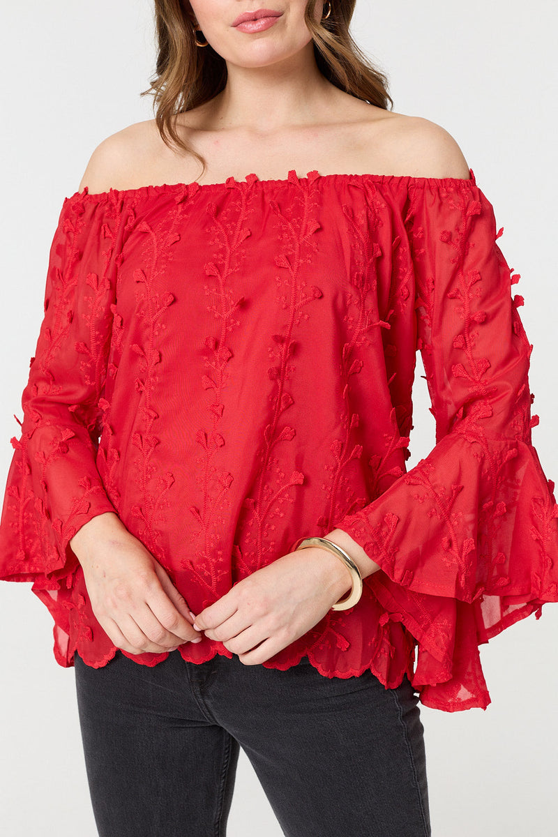 Textured Semi Sheer Bardot Blouse