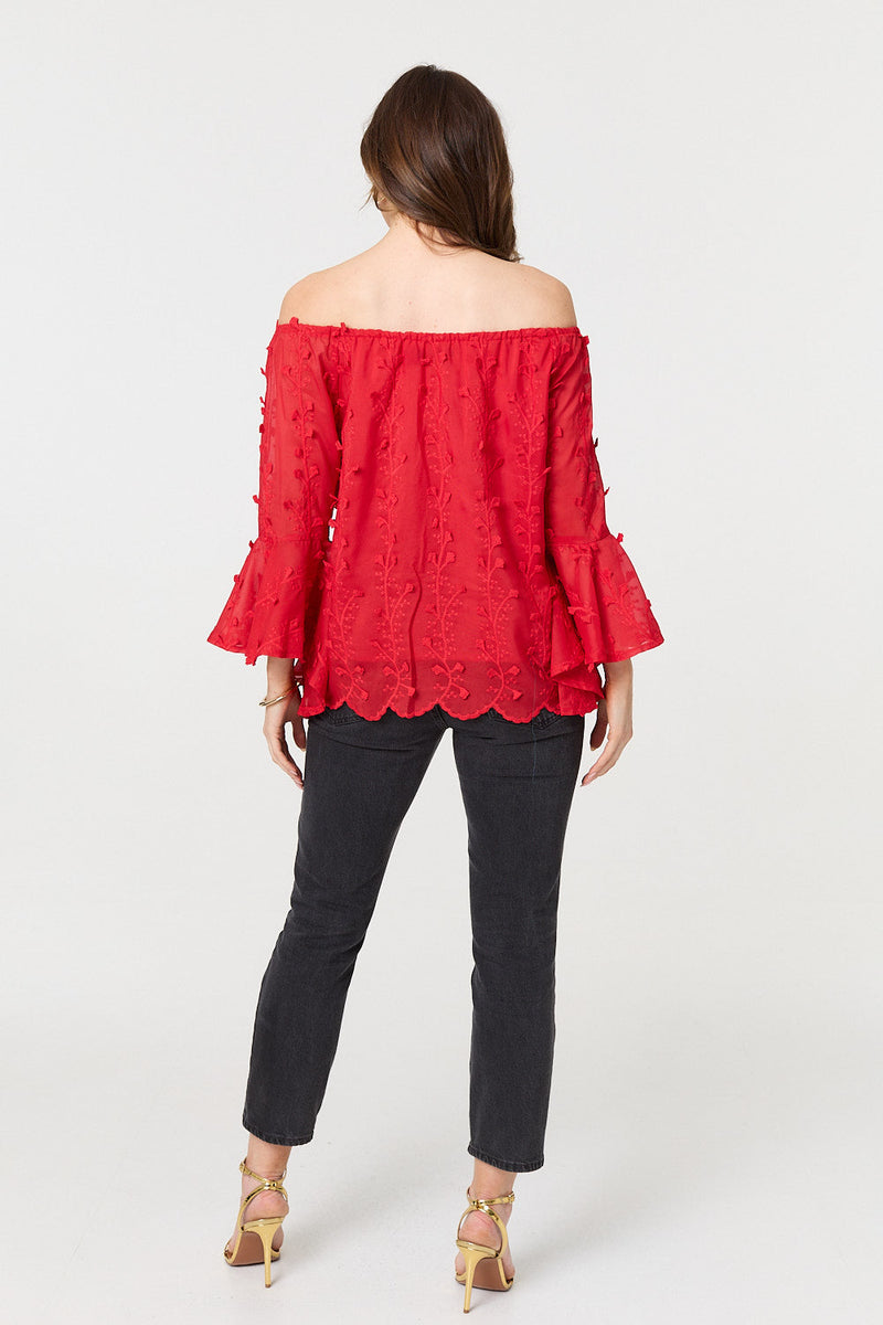 Textured Semi Sheer Bardot Blouse