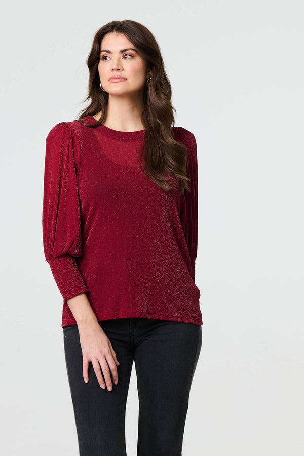 Sparkly 3/4 Puff Sleeve Mesh Top