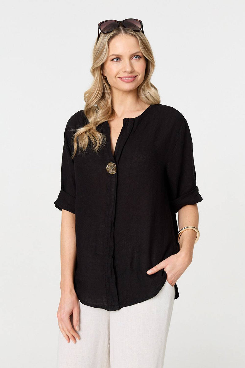 Button Detail 1/2 Sleeve V-Neck Blouse