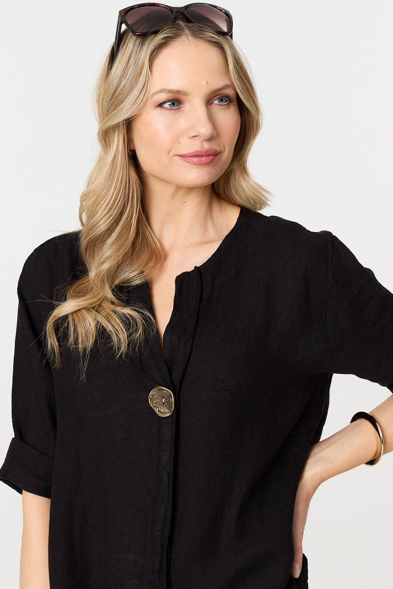 Button Detail 1/2 Sleeve V-Neck Blouse