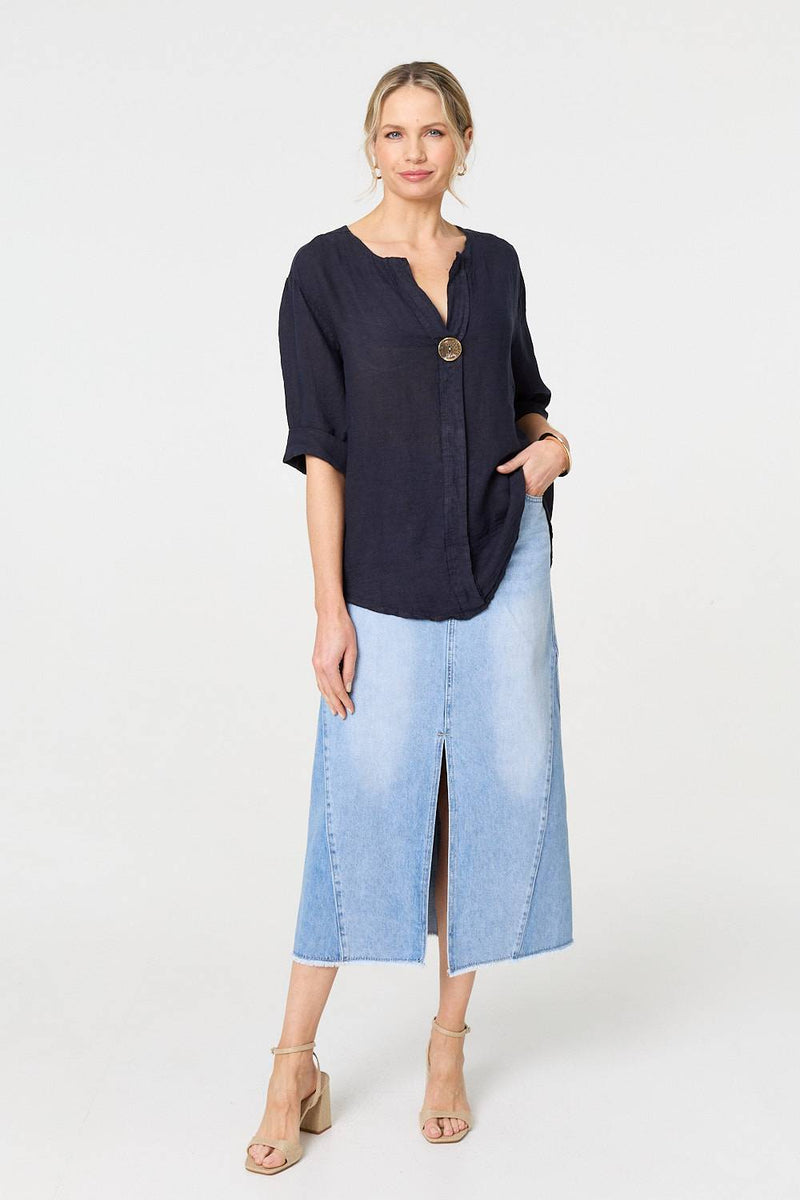Button Detail 1/2 Sleeve V-Neck Blouse