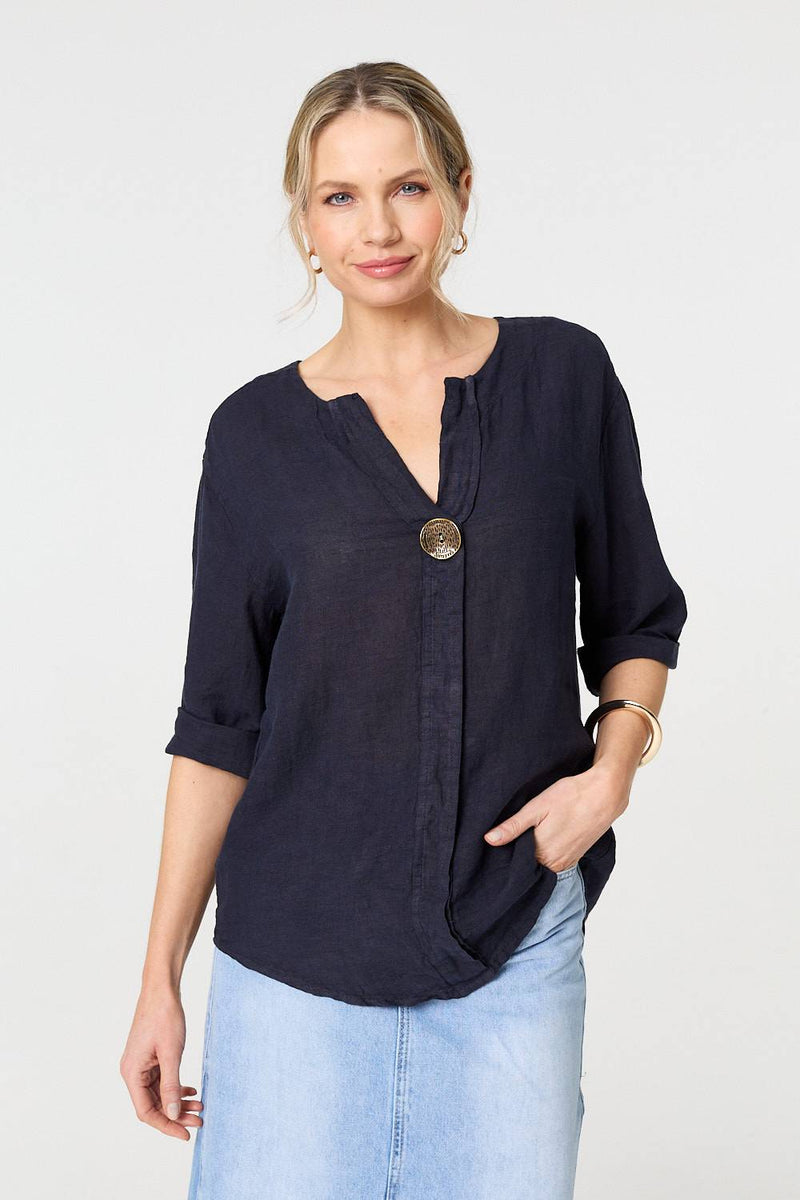 Button Detail 1/2 Sleeve V-Neck Blouse