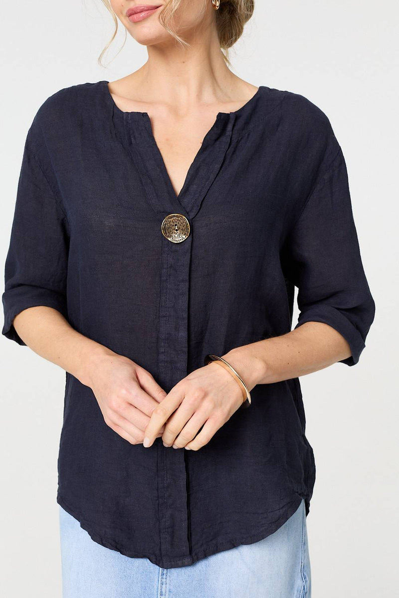 Button Detail 1/2 Sleeve V-Neck Blouse