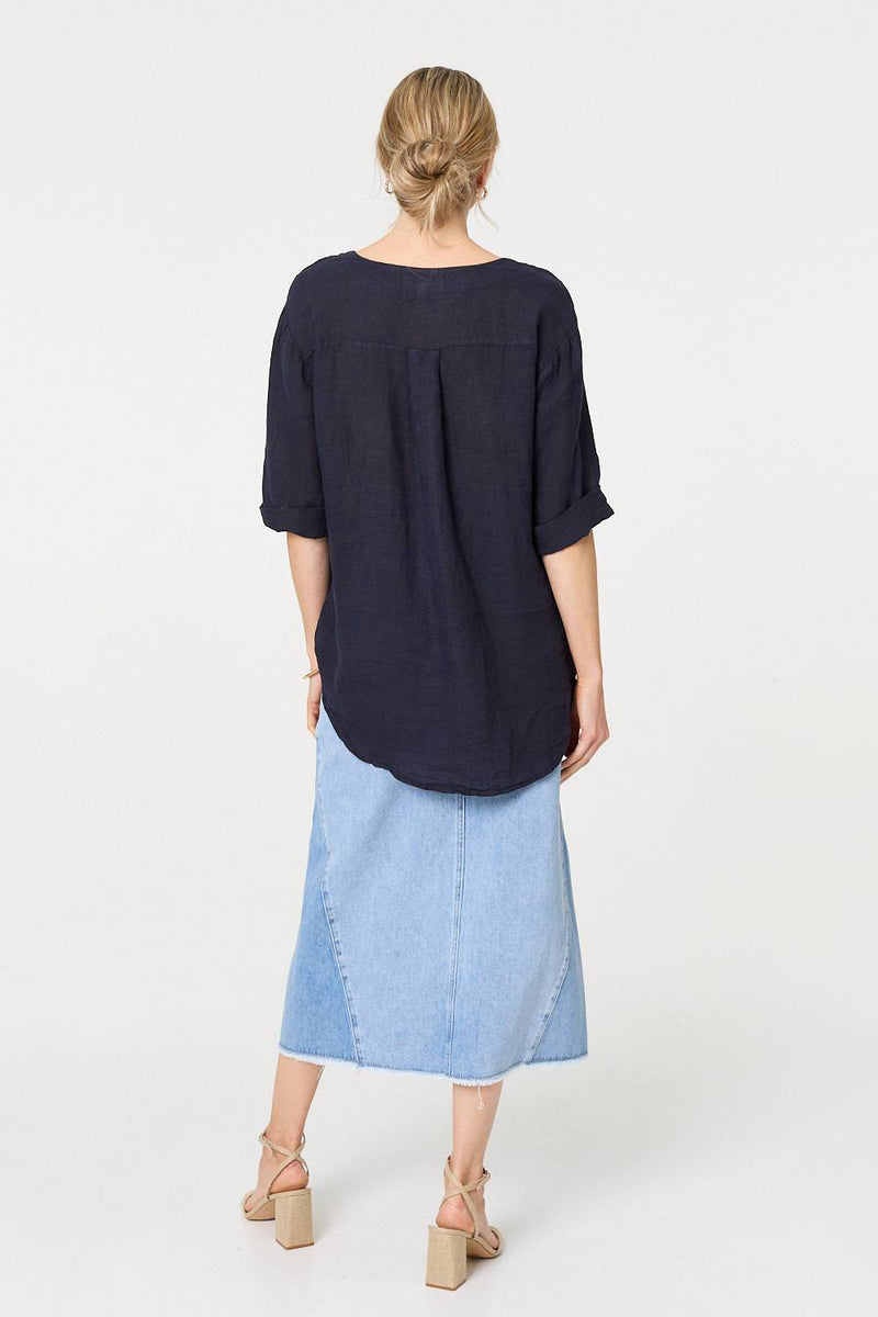 Button Detail 1/2 Sleeve V-Neck Blouse