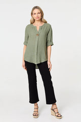 Button Detail 1/2 Sleeve V-Neck Blouse