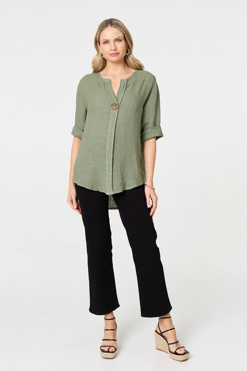 Button Detail 1/2 Sleeve V-Neck Blouse