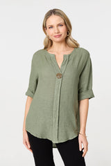 Button Detail 1/2 Sleeve V-Neck Blouse