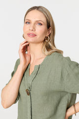 Button Detail 1/2 Sleeve V-Neck Blouse