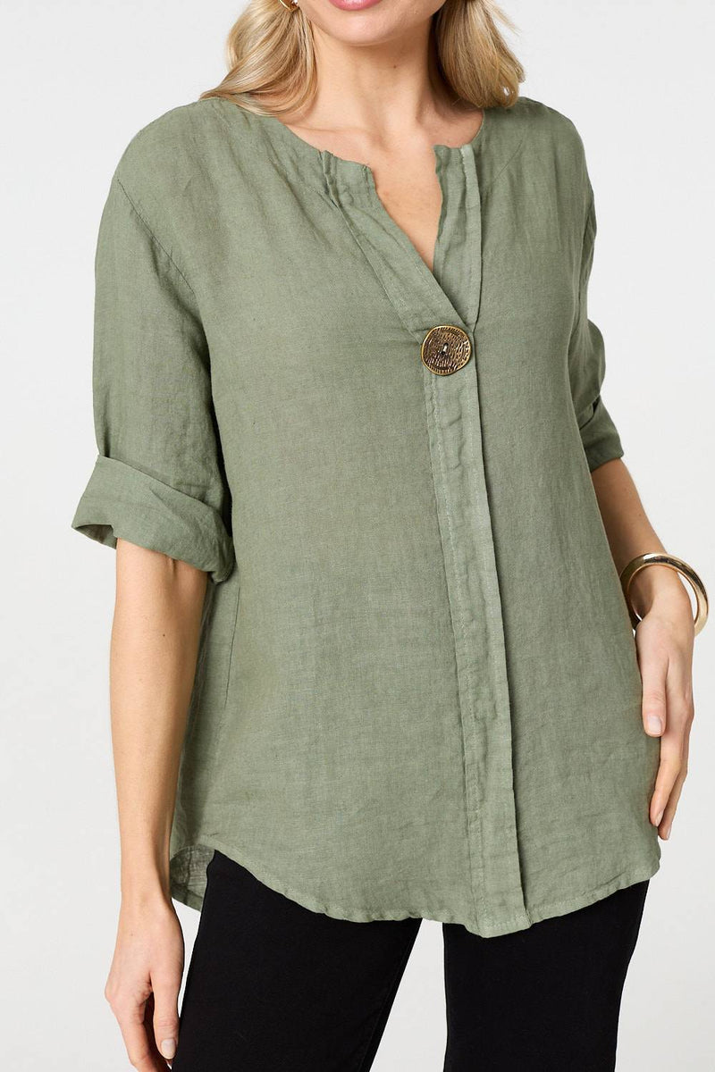 Button Detail 1/2 Sleeve V-Neck Blouse