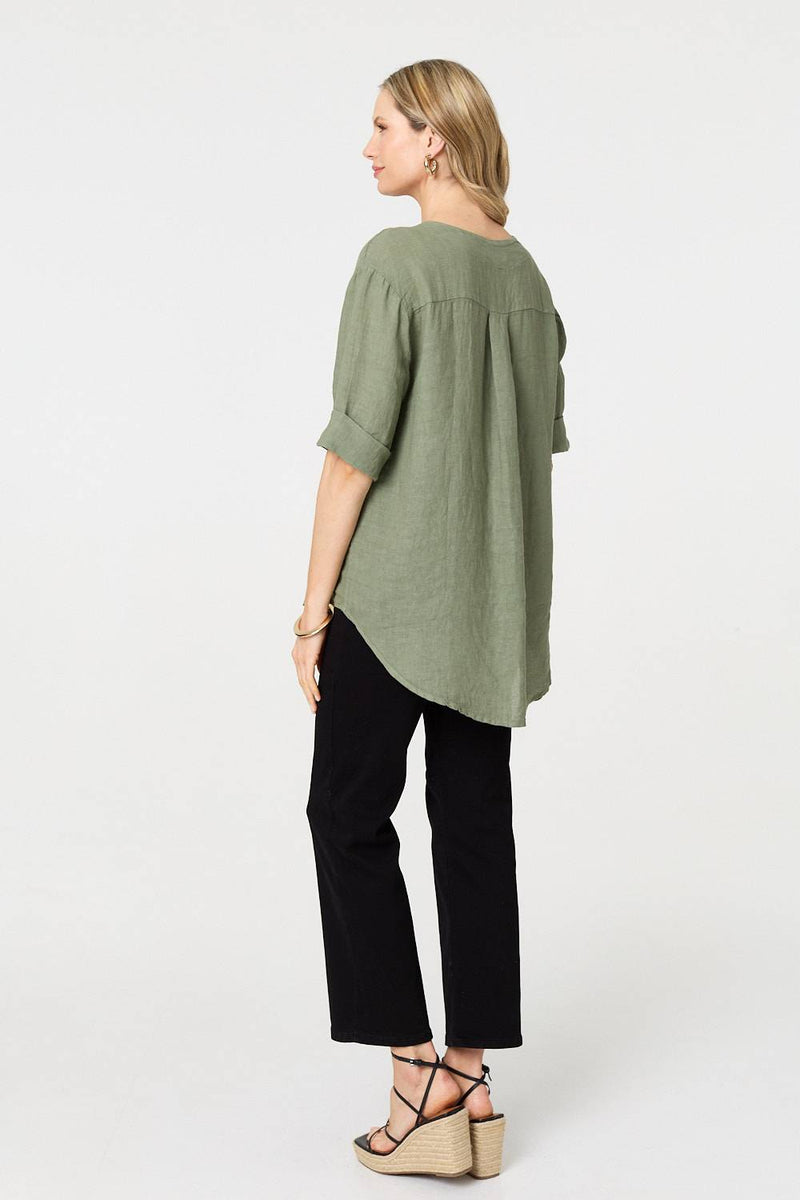 Button Detail 1/2 Sleeve V-Neck Blouse