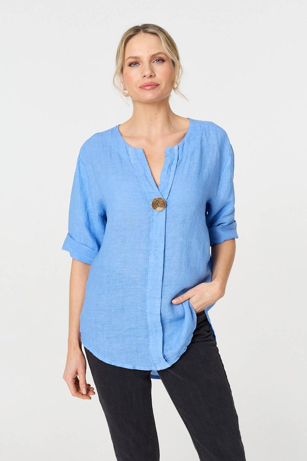 Button Detail 1/2 Sleeve V-Neck Blouse