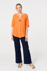 Button Detail 1/2 Sleeve V-Neck Blouse