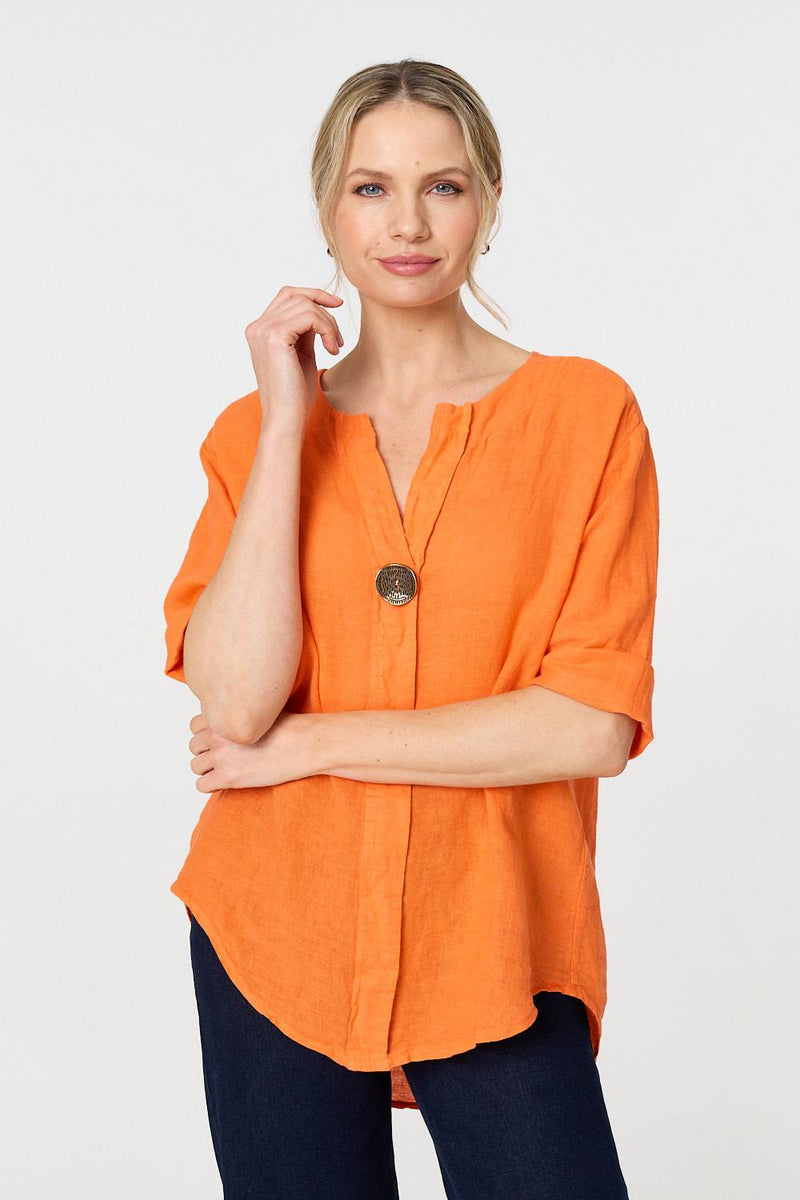 Button Detail 1/2 Sleeve V-Neck Blouse