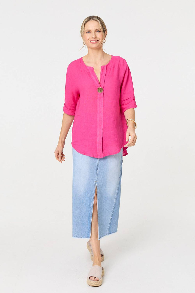 Button Detail 1/2 Sleeve V-Neck Blouse