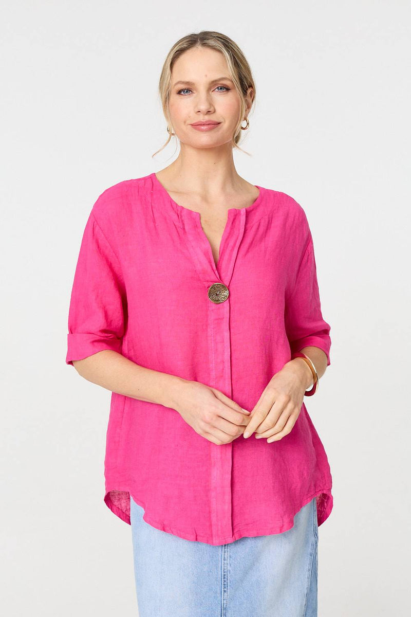 Button Detail 1/2 Sleeve V-Neck Blouse