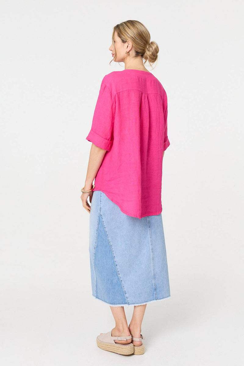 Button Detail 1/2 Sleeve V-Neck Blouse