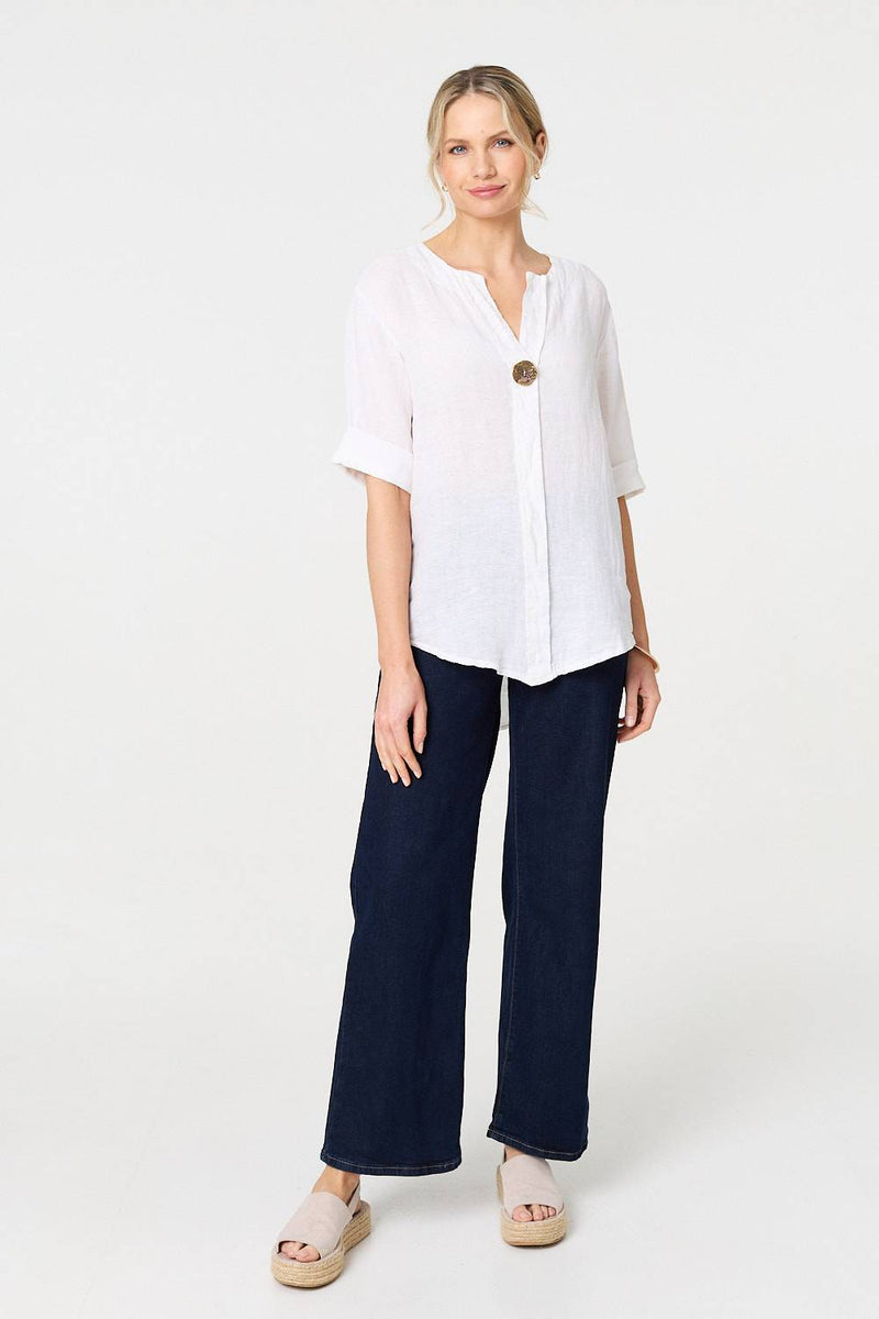 Button Detail 1/2 Sleeve V-Neck Blouse