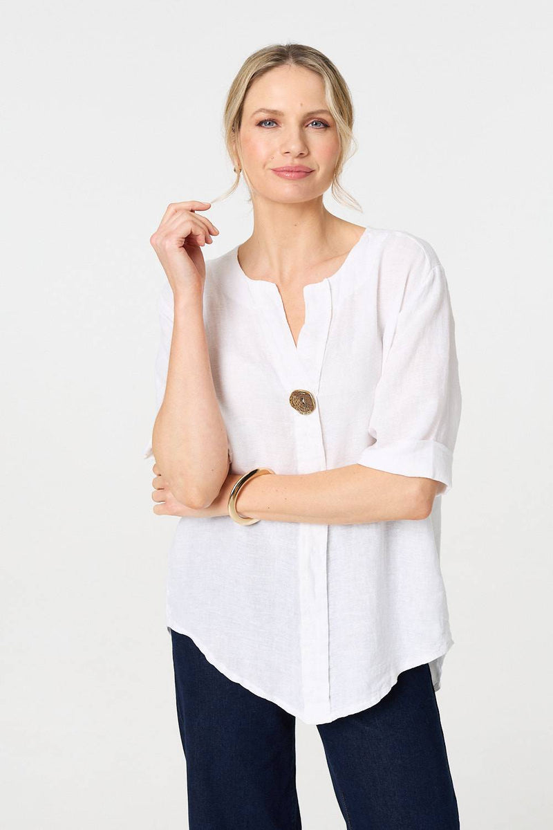 Button Detail 1/2 Sleeve V-Neck Blouse