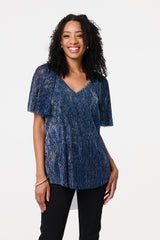 Semi Sheer Glittery Short Sleeve Top