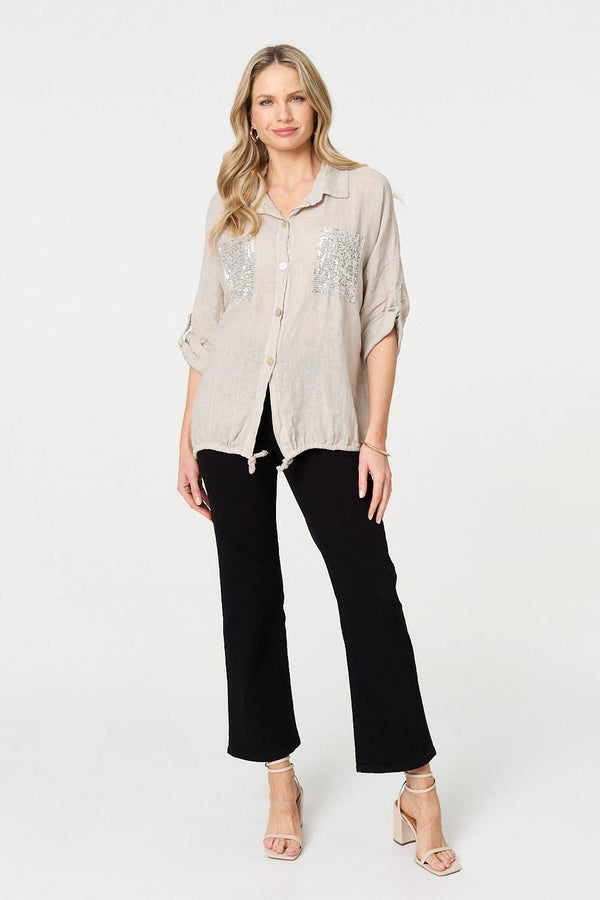 Sequin Detail 3/4 Turn-Up Sleeve Shirt
