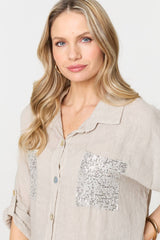 Sequin Detail 3/4 Turn-Up Sleeve Shirt